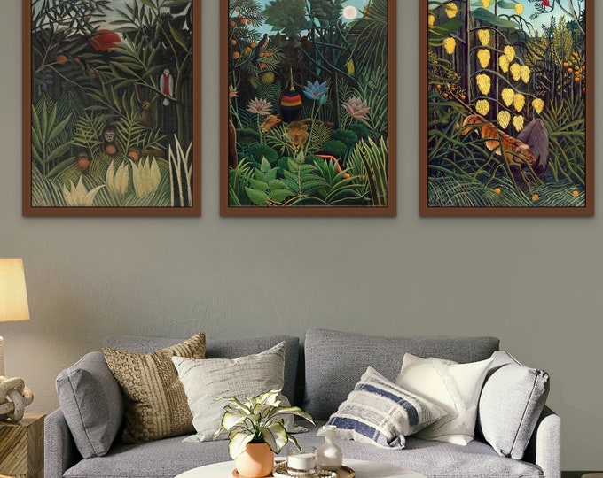 Henri Rousseau Art Set of 3 pictures | Green Tropical Jungle & Botanical Prints | Modern Emerald Green Wall Decor for a Bold, Lush Aesthetic