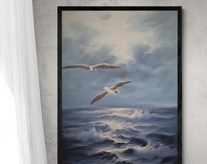 Seascape painting artful original oil painting on canvas 35.4x23.6" with black floating frame, Blue ocean and flying seagull large wall arts