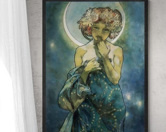 Alphonse Mucha Moon Art Nouveau Canvas Print, Hand Finished, Floating Frame