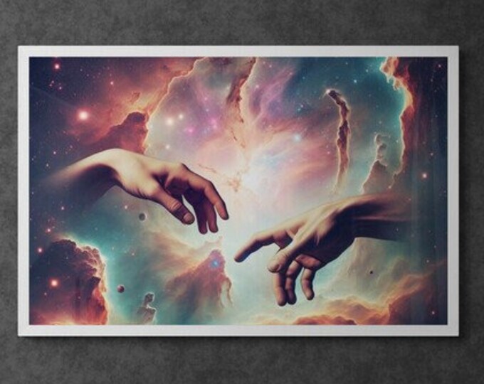 Cosmic Connection - Stunning Galaxy Art Print Featuring Ethereal Hands Reaching Across the Stars