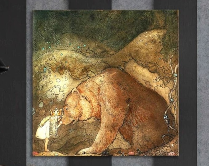 Princess Bella’s Bear Kiss – Vintage John Bauer Reproduction, Fairy Tale Illustration, Canvas Wall Decor Art, Swedish Artist Premium Art
