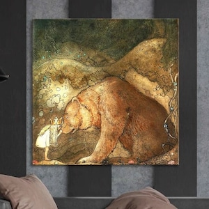 Il bacio dell'orso della principessa Bella - Riproduzione vintage di John Bauer, Illustrazione di fiaba, Decorazione da parete su tela, Arte premium di un artista svedese