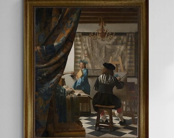 Vermeer's Art of Painting, Hand Finished Canvas Print, Golden Vintage Frame
