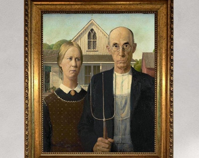 American Gothic Couple Canvas Print, Vintage Gold Frame, Hand-Applied Brush Strokes