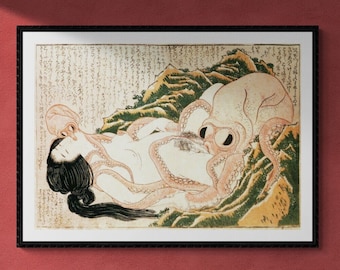 Sensual Encounter: Katsushika Hokusai’s Dream of the Fisherman’s Wife, art paper canvas or 3D Hand Finished Premium texture Print or poster