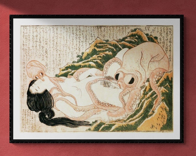 Sensual Encounter: Katsushika Hokusai’s Dream of the Fisherman’s Wife, art paper canvas or 3D Hand Finished Premium texture Print or poster