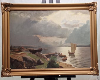 Original Oil Painting on Canvas | Copy of Hans Gude's "Summer Day on the Christianiafjord" | Vintage Frame | Timeless Maritime Art