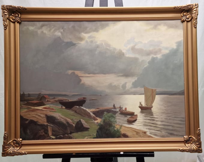 Original Oil Painting on Canvas | Copy of Hans Gude's "Summer Day on the Christianiafjord" | Vintage Frame | Timeless Maritime Art