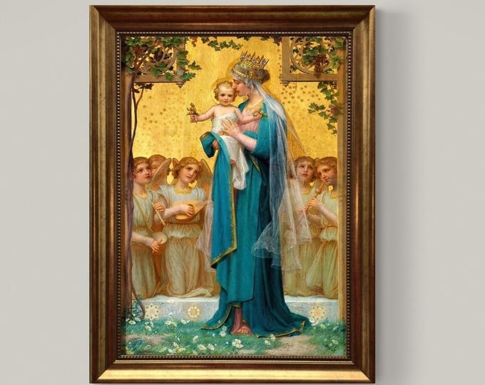 Madonna and Child Canvas Print with Brush Stroke Texture, Vintage Golden Frame