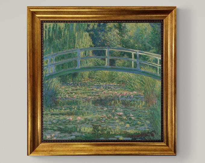 Monet Water Lily Pond Giclée Canvas Print with Brush Stroke Texture and Golden Frame