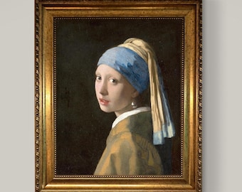 Vermeer Girl with a Pearl Earring, 3D Canvas Print Reproduction with Vintage Gold Wooden Frame