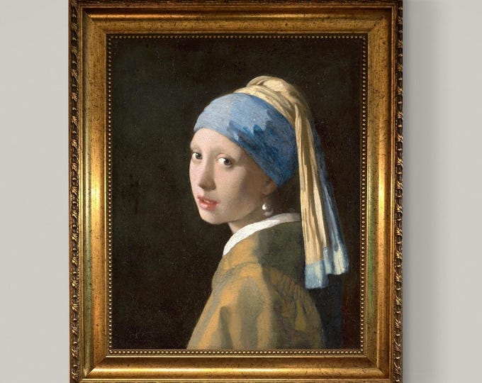 Girl with a Pearl Earring by Johannes Vermeer 3D Canvas Print with Vintage Wooden Gold Frame, Brush Strokes