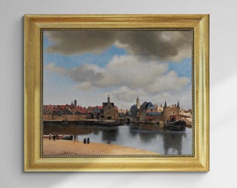 Johannes Vermeer View of Delft Gliclée canvas hand finished premium print with brush strokes and golden vintageous frame looks like original