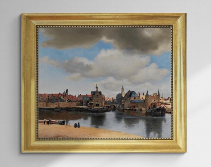 Johannes Vermeer View of Delft Gliclée canvas hand finished premium print with brush strokes and golden vintageous frame looks like original