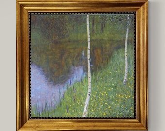 Klimt "Lakeshore with birches " Canvas Print with Brush Strokes and Vintage Golden Frame