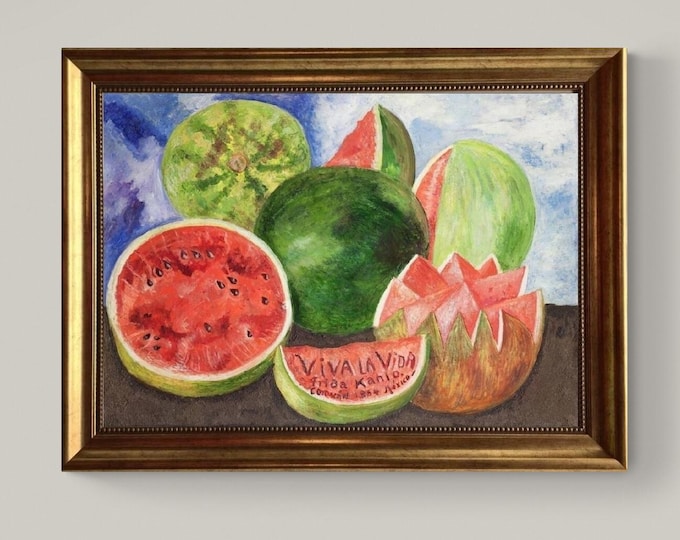 Frida Kahlo - Viva La Vida |  Canvas Print Museum Quality with Brush Strokes | Gold Wooden Frame