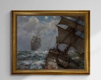 Montague Dawson "Two Clippers Nocturne" Framed Canvas Print, Golden Frame