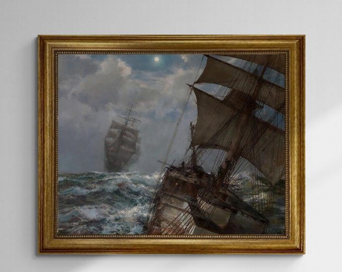 Two Clippers Noctrune by Montague Dawson, framed premium canvas print, with brush strokes  and golden vintageous frame looks like original