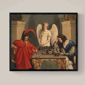 May include: Framed print of a classical painting depicting a chess game. A figure in red robes and a feathered hat faces a figure in blue, with an angel observing. The chess board is set on a decorative table.
