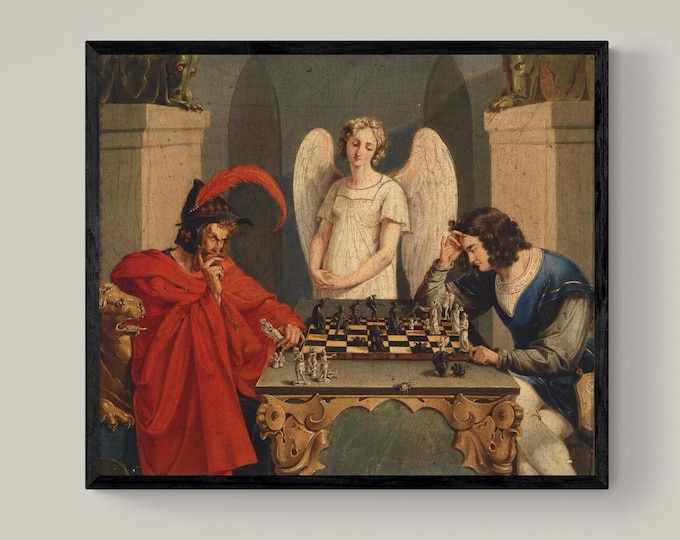 Faust & Mephistopheles Playing Chess Art Print: Moritz Retzsch, Floating Frame and Brush Strokes