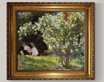 Roses by Kroyer, Print on canvas with Brush Strokes and Vintage Golden Frame and