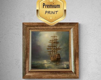 Mystic Voyage Giclee Art Print | Ship at Night Seascape Wall Art | Vintage Tall Ship Decoration in Framed Print