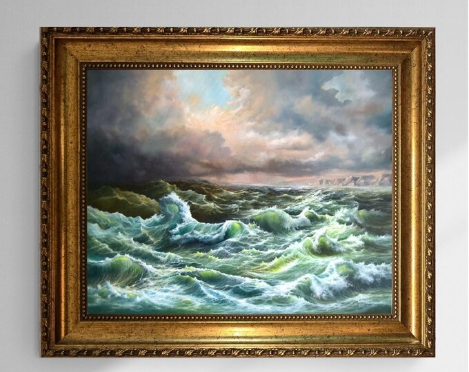 Open Sea 3D Canvas Print: Robert Zietara Signed Painting with Vintage Golden Frame