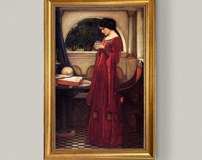 JW Waterhouse "The Cristal Ball" Framed Canvas Print: Golden Vintage Frame and Brush Strokes
