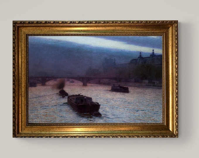 Evening on the Seine Canvas Art Print: Aleksander Gierymski- Gold Frame and Brush Strokes