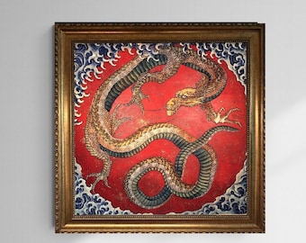 Hokusai Dragon Art Print with Brush Stroke Texture: Japanese Reproduction on Canvas, Golden Frame