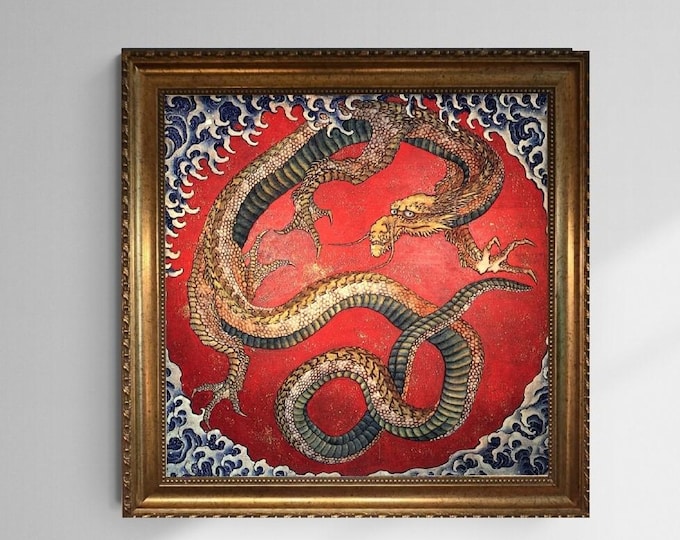 Hokusai Dragon Art Print with Brush Stroke Texture: Japanese Reproduction on Canvas, Golden Frame