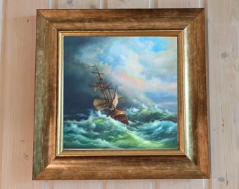 Robert Zietara Seascape: "After Storm" Giclée Canvas Print with Golden Frame (15.7x15.7")