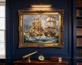 Battle of Trafalgar Canvas, HMS Victory, Tall Ships (Vintage Gold Frame)