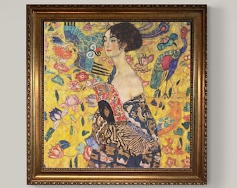 Klimt Lady With Fan Print on canvas: Brushstroke Texture, Golden Vintage Frame
