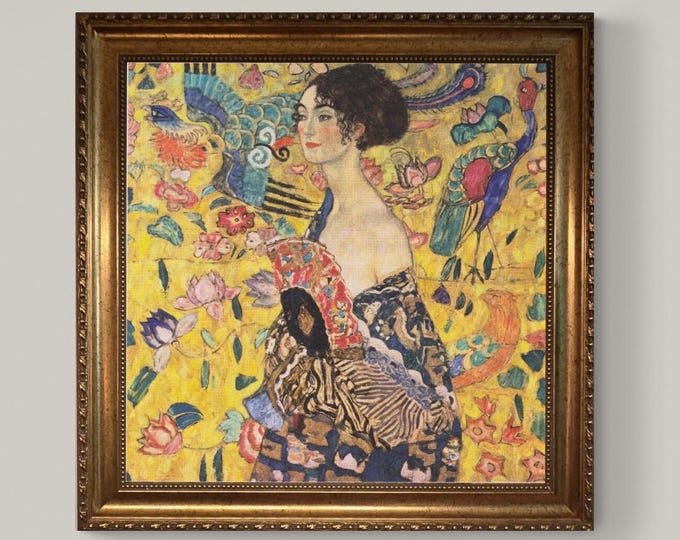 Klimt Lady With Fan Print on canvas: Brushstroke Texture, Golden Vintage Frame