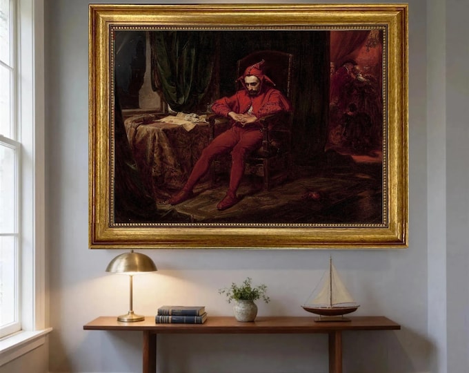 The Sad Jester Canvas Print: Vintage Golden Frame, Hand-Finished Brush Strokes