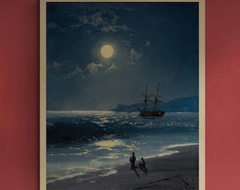 Sailing Ship Moonlight Seascape Art Print, Maritime Tall Ship Painting