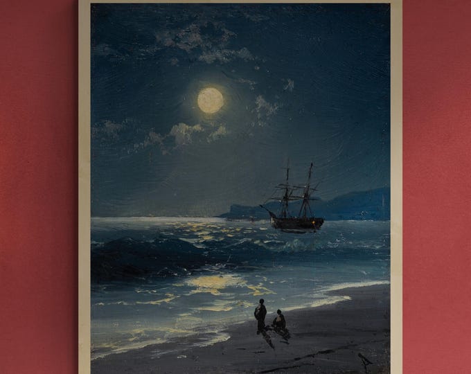 Sailing ship on calm sea by moonlight print of, Tall Ship painting Art Print/ Canvas Prints, Poster or 3D Hand Finished Premium Print