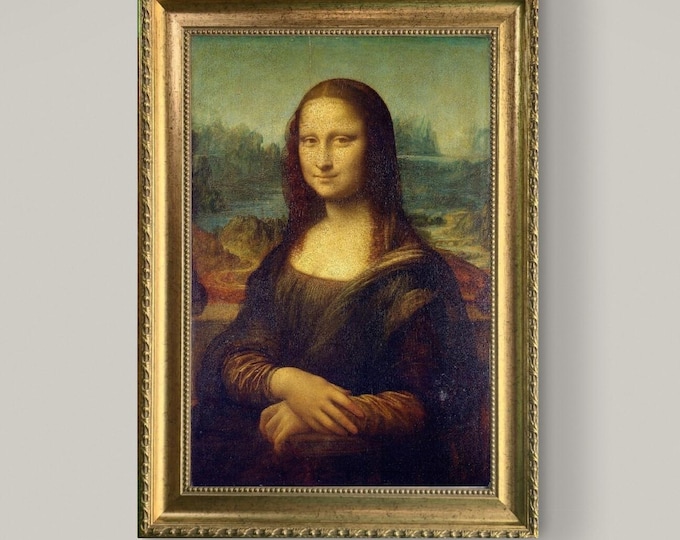 Mona Lisa, Leonardo da Vinci Masterpiece, canvas with texture and brush strokes looks like original oilpainting, with golden frame
