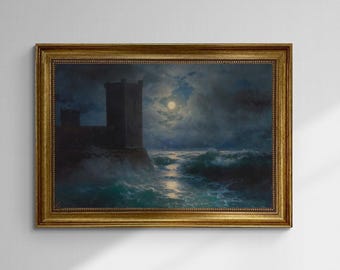 Aivazovsky Genoese towers in Black Sea, Gliclée canvas premium print with brush strokes and golden vintageous frame, looks like original art