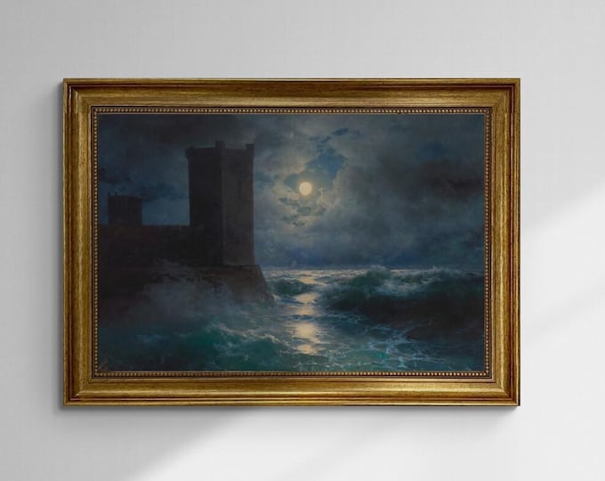 Aivazovsky Genoese towers in Black Sea, Gliclée canvas premium print with brush strokes and golden vintageous frame, looks like original art
