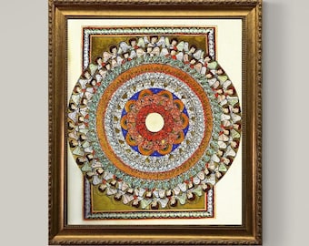 Hildegard of Bingen Mandala Canvas Print with brush strokes and Vintage Golden Frame
