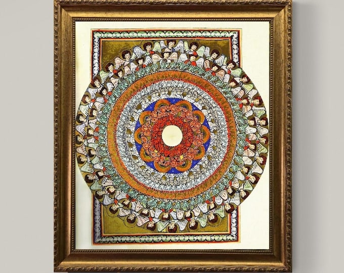 Hildegard of Bingen Mandala Canvas Print with brush strokes and Vintage Golden Frame