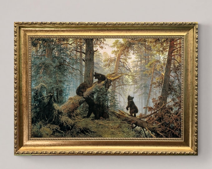 Morning in a Pine Forest by Ivan Shishkin, Canvas Print, Golden Frame, Textured Brushstrokes