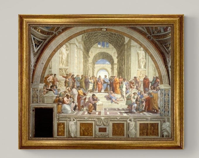 The School of Athens Print: Raphael, 3D Hand-Finished Canvas, Golden Vintage Frame and Brush Strokes