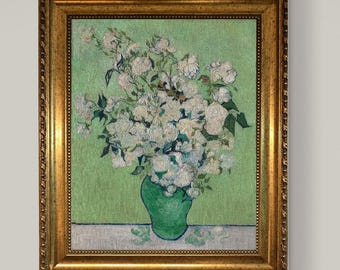 Van Gogh Roses Art Print on canvas with Vintage Golden Frame and Brush Strokes