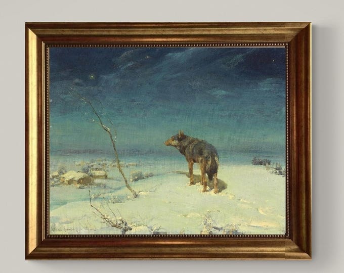 Lone wolf A.W. Kowalski art print on Canvas, Brush strokes and Vintage Gold Frame