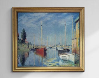 Monet Argenteuil Yachts Painting, Framed Canvas Print, Brush Strokes, Vintage Gold Frame