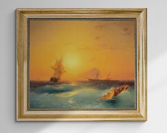 The American Ships at the Rock of Gibraltar canvas giclee premium print with brush strokes and golden vintageous frame looks like original