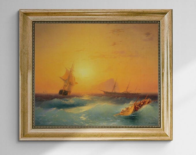 The American Ships at the Rock of Gibraltar canvas giclee premium print with brush strokes and golden vintageous frame looks like original
